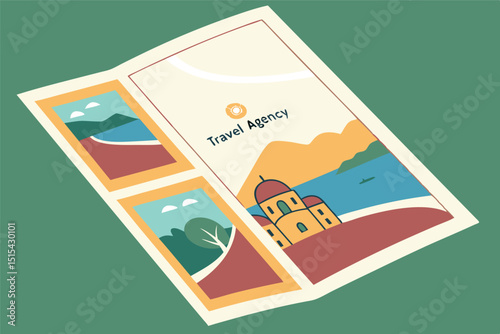 Vector illustration of a travel agency brochure showcasing scenic landscapes, popular destinations, and vacation planning