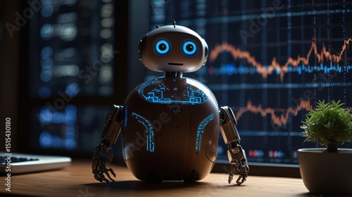 Futuristic robot in front of a screen displaying financial data