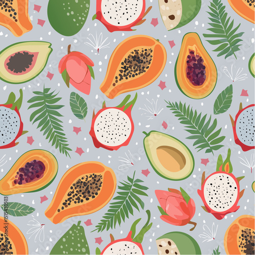 A seamless vector of exotic fruits and leafy greens in a clean, colorful tropical style