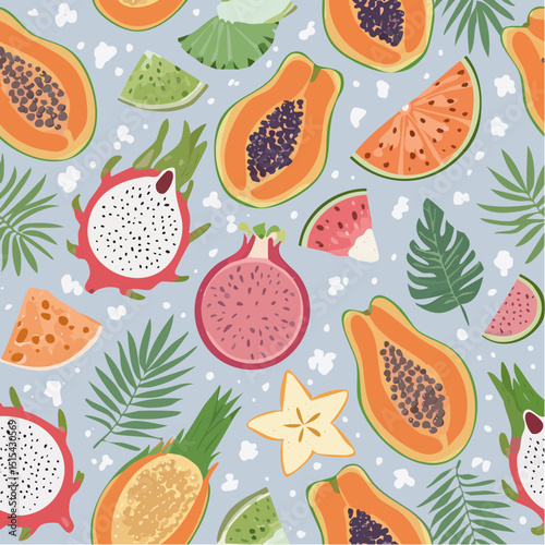 A seamless vector of exotic fruits and leafy greens in a clean, colorful tropical style