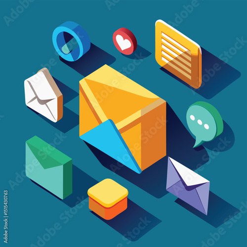 Vector illustration of various email icons and symbols on a blue background showcasing communication and digital interaction elements