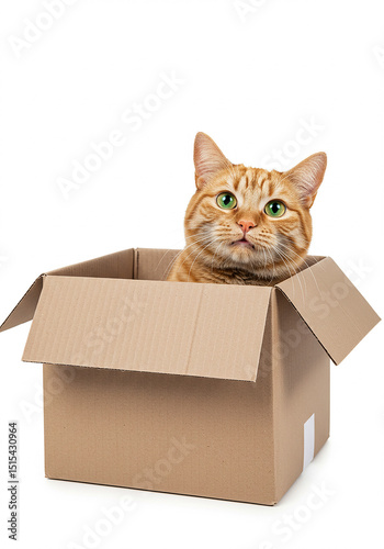 Orange cat in a cardboard box isolated on transparent background