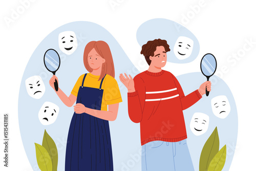 Man and woman holding mirrors with floating masks, symbolizing identity, self-reflection, emotional awareness, and psychological exploration vector illustration