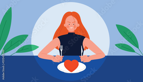 Toxic relationship, domestic violence and love end, divorce and breakup, emotional abuse in communication. Angry young woman ready to eat red heart of partner for lunch cartoon vector illustration