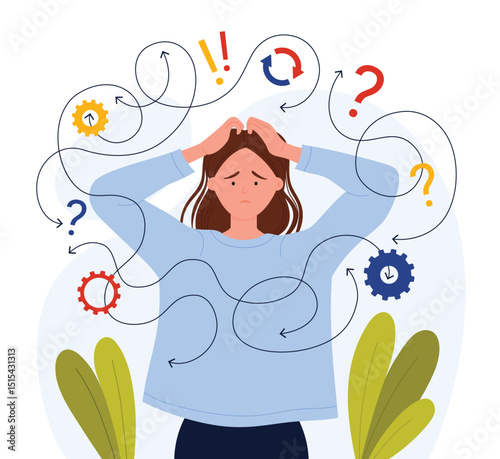 Anxious woman surrounded by chaotic symbols, feeling overwhelmed and stressed, isolated on white background vector illustration