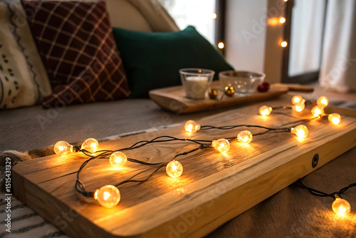 Cozy Wooden Board with Warm Glowing String Lights – Inviting Rustic Wall Decor