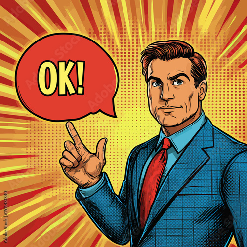 A businessman says okay to success in pop art comics with a retro style and Halftone