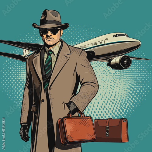 Businessman on a business trip is a male passenger air traveler in pop art style re