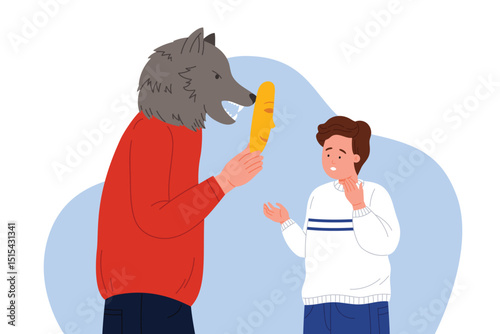 Deception, hypocrisy in parent child relationships, hiding aggression and true face, domestic violence. Wolf character holding mask in front of boy to pretend to be friend cartoon vector illustration