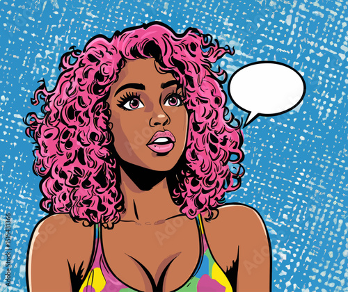 A beautiful young woman with a sexy appearance is shown announcing, sharing a secret, or shouting in an advertising poster as a comic character, embodying a gossip girl with red cheeks, beauty,