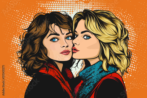 Women gossiping, depicted in a pop art comic style, a modern illustration