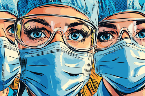 Individuals dressed in retro style and surrounded by pop art and vintage advertisements, alongside medical professionals in an operating room