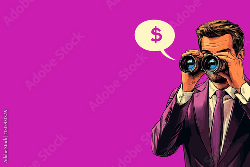 People dressed in retro style are depicted in pop art and vintage advertisements, while a man with binoculars observes the euro exchange rate