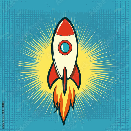 A space rocket depicted in retro pop art style on a blue background, as shown in a modern illustration