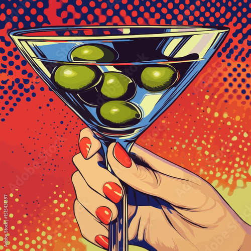 A contemporary hand-drawn pop art depiction features a woman's hand grasping a Martini glass