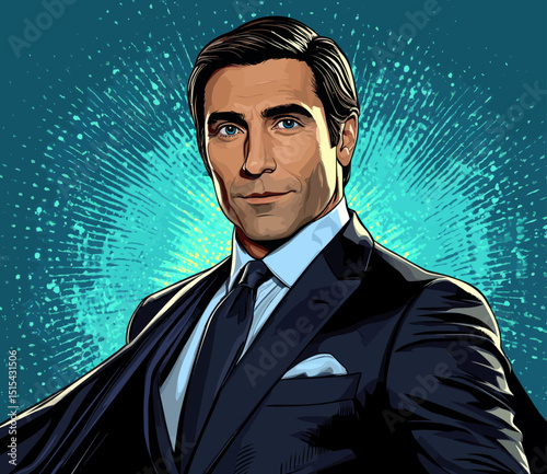 A grown man in a business suit embodies the image of bravery and courage as a businessman superhero in a retro style pop art finance concept