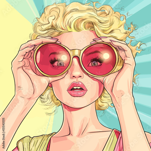 A pop art portrait features a sexy, surprised woman with curly blonde hair and an open mouth, holding binoculars with the word 'wow' reflected, set against a modern background in a retro comic style