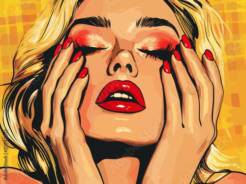 A blonde woman in a pop art style, depicted with her eyes and mouth wide open and her hands raised, is shown screaming in surprise, set against a modern background with a comic retro pop art