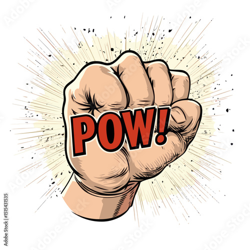 A pop art style illustration of a punching fist isolated on a white background, accompanied by the sound effect 'Pow!', serves as a design element for posters and flyers with a modern twist