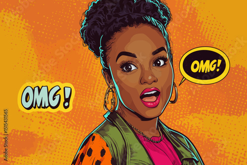 A pop art depiction of a female face is presented, showcasing a sexy and surprised young African woman with an afro hairstyle and an open mouth, accompanied by an OMG speech bubble, set against a