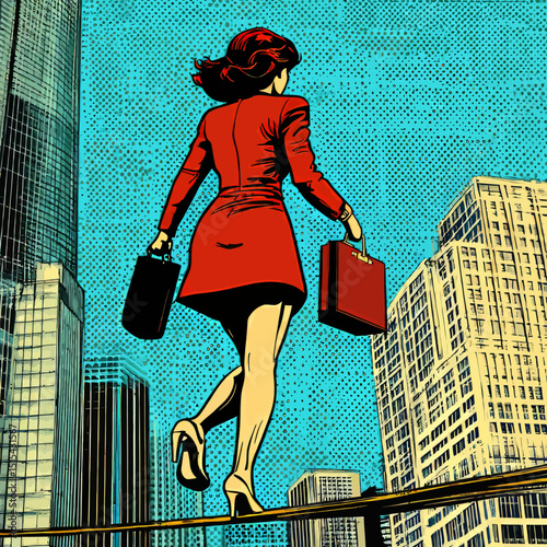 A business concept is depicted in a modern illustration that utilizes a retro comic pop art style, featuring a businesswoman walking on a tight rope