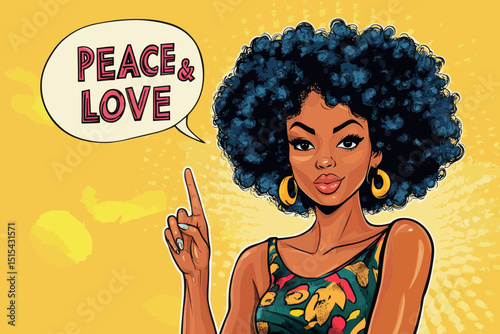 A sexy African American hippie woman wearing glasses and flashing a victory sign is set against a modern, colorful background in a pop art retro comic style, accompanied by a peace and love speech
