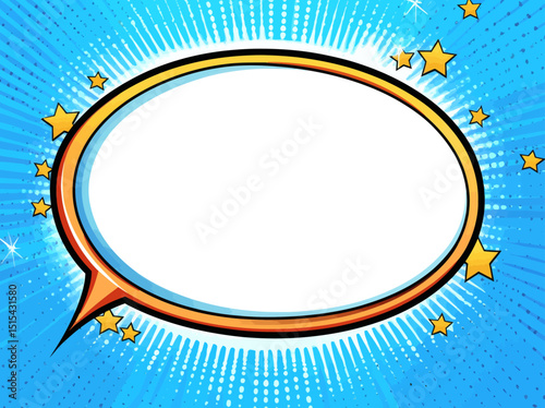 A vacant speech bubble adorned with dots and stars set against a modern, colorful backdrop in a pop art retro comic style