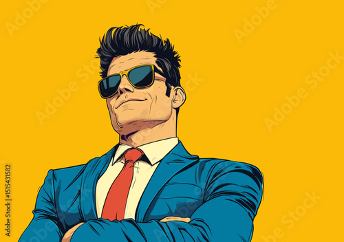 A muscular businessman with a hipster beard is depicted in a dollar currency-themed pop art retro style, while a strong businessman in glasses is illustrated in comic style, symbolizing success