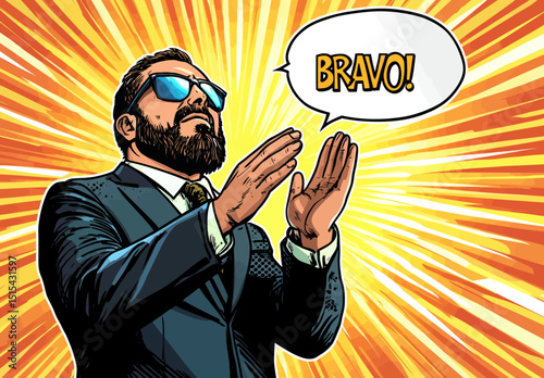 The concept of success is depicted through a hipster beard businessman receiving applause and bravo in a retro style pop art illustration, featuring a businessman in glasses in comic style,