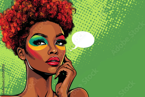 A pop art portrait of a sexy, surprised young African woman with ginger hair, bright makeup, and an open mouth, set against a modern, colorful background in a retro comic style, complete with an