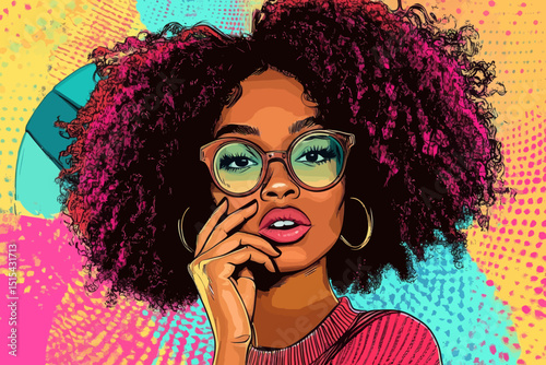 A surprised and sexy young African American woman with an afro and bright makeup has a wow face, set against a modern pop art retro comic style background with an alarm clock ringing, perfect for a