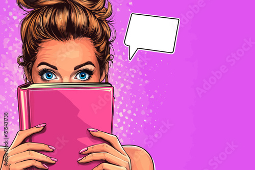 The image depicts a sexy young woman, a housewife with a bow on her head and wide open eyes, holding a large pink book, set against a modern and colorful pop art retro comic style background,