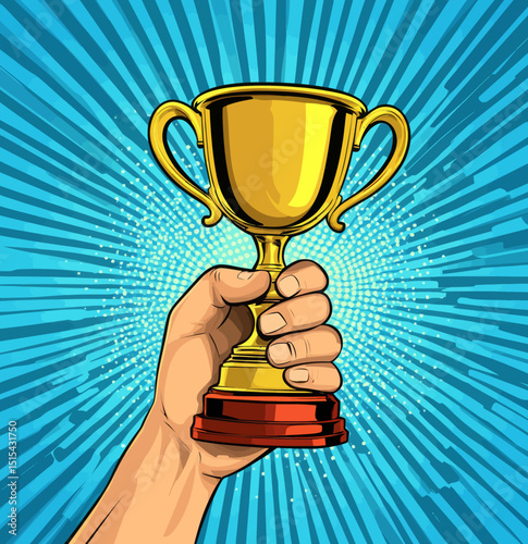 A gold trophy is being held by a hand, accompanied by a 'We are the champions' banner in pop art style, with the trophy cup set against a burst background in a modern illustration