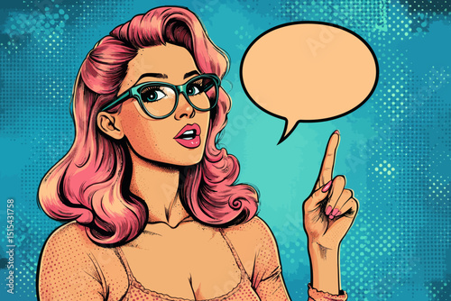 A pop art depiction of a female face is presented, showcasing a sexy and surprised young woman wearing glasses, with her mouth open and sporting pink curly hair, accompanied by a speech bubble, set