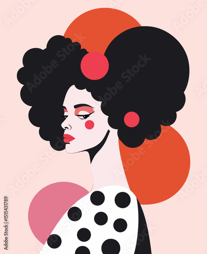 A fashionable woman with a large hairdo is depicted in bright colors against a pink backdrop, rendered in a retro pop art style, compatible with Eps10 and modern design
