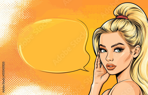 A woman is depicted with her hand near her ear, listening, in a pop art comic style illustration set against a dotted background, available as a modern stock image