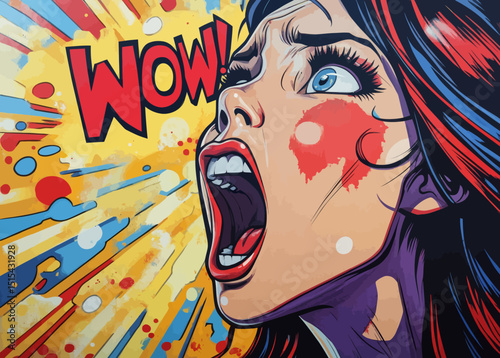 The woman in the comic was surprised and thrilled by the retro pop art style, her mouth agape and a speech bubble exclaiming wow in a vintage modern illustration