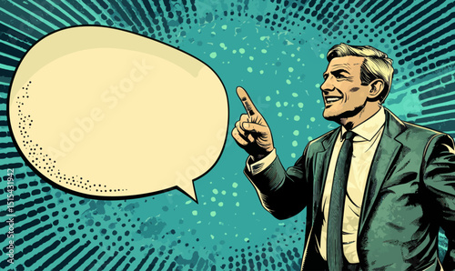 A businessman is depicted saying something related to a business concept in a pop art retro comic style cartoon modern illustration