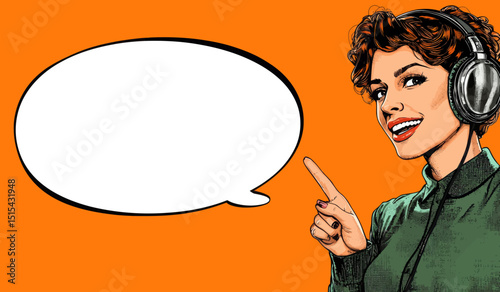 The concept of a call center, customer support, helpdesk, or service is depicted in a pop art retro comic style illustration featuring a beautiful young girl wearing a headset