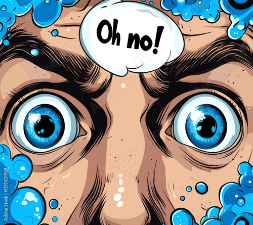 Modern illustration of a pop art comic book style man with a panicked expression, terrified eyes, and a shocked face staring at something dreadful