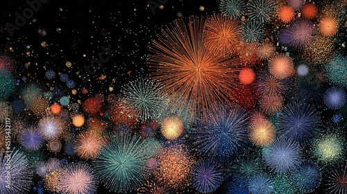 Abstract Fireworks Night Sky Festive Celebration Colorful Design Bright Sparkling Burst Digital Art Illustration Graphic Background Texture Pattern Image glow party event shine    