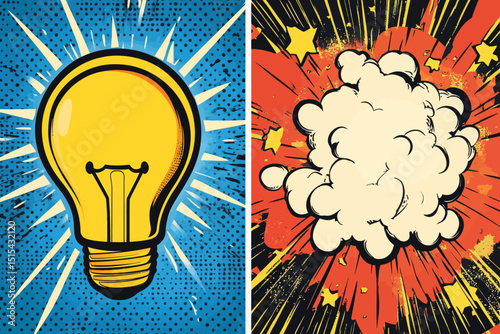 The concept of an idea is represented by an on and off light bulb in a pop art style