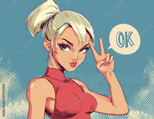 A template for vintage advertising posters features a retro girl winking and giving an OK sign, accompanied by an empty text box in the shape of a speech bubble, all in a modern pop art style