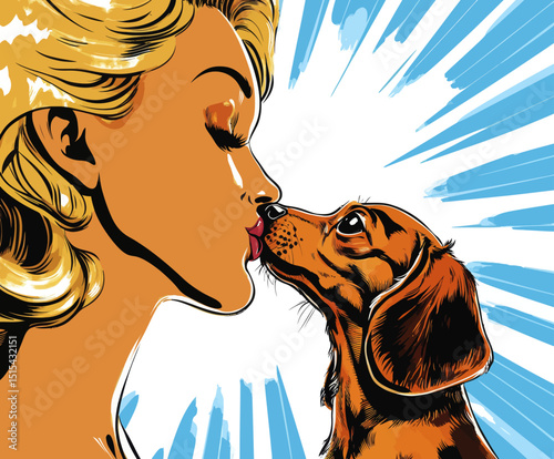 A blonde pop art woman, depicted as sexy, is shown kissing an adorable puppy set against a modern comic-style retro pop art background