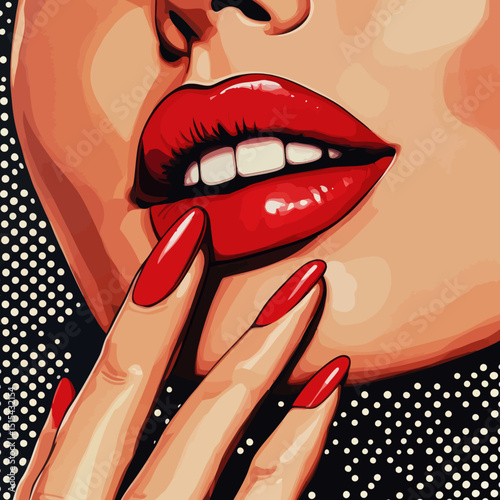 A woman in a sexy pose with her mouth open, set against a modern comic-style background reminiscent of retro pop art