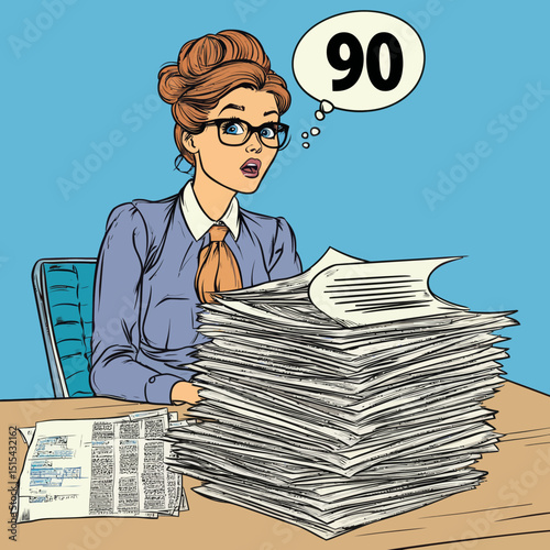 A colorful illustration of a woman in an office setting, created in a modern pop art comic style, depicts her sitting at a desk surrounded by numerous documents, conveying a sense of stress