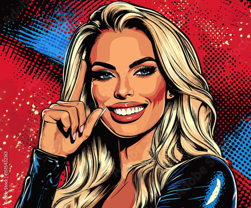 A woman depicted in sexy pop art style with squinted eyes and an open mouth set against a modern comic-style retro pop art background, symbolizing an invitation to a party