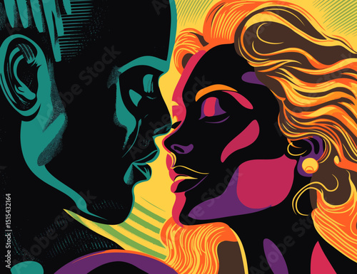 A modern pop art style illustration depicts a girl sharing a secret with a man, speaking in hushed tones with her hand covering her mouth