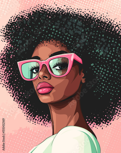A portrait of an Afro American woman wearing pink sunglasses, created in a mid century modern retro style, available as an Eps10 modern file