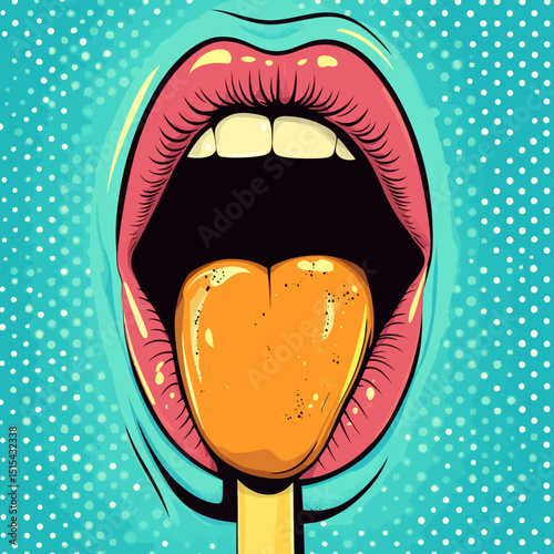 Modern illustration design featuring a pop art style icon with a sexy mouth and tongue out enjoying an ice cream